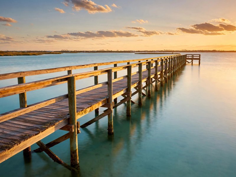 Wooden pier over calm Gulf water at sunset near Naples
