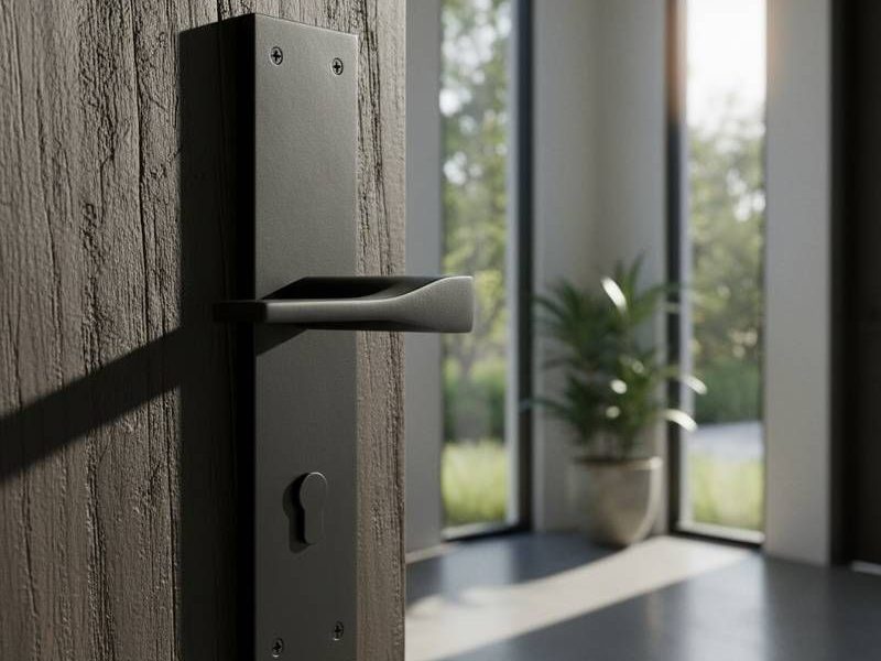 Modern matte black door handle and lock on a wood door