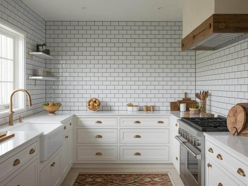 White subway tile backsplash in a bright kitchen