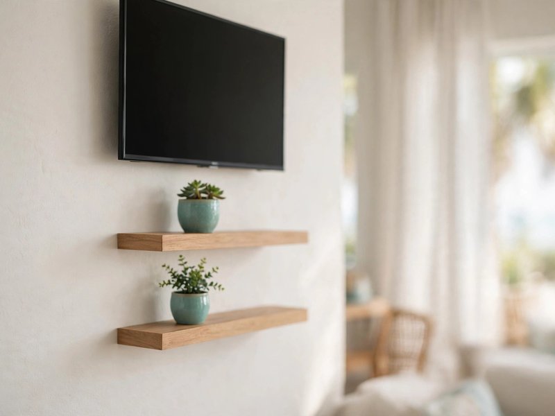 Wall-mounted TV above two floating wooden shelves with small plants in a bright living room